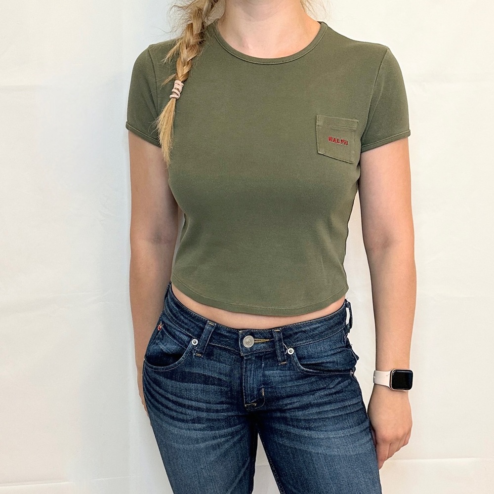 Vintage 90s Ralph Lauren Cropped Logo Pocket Tee - Olive - M